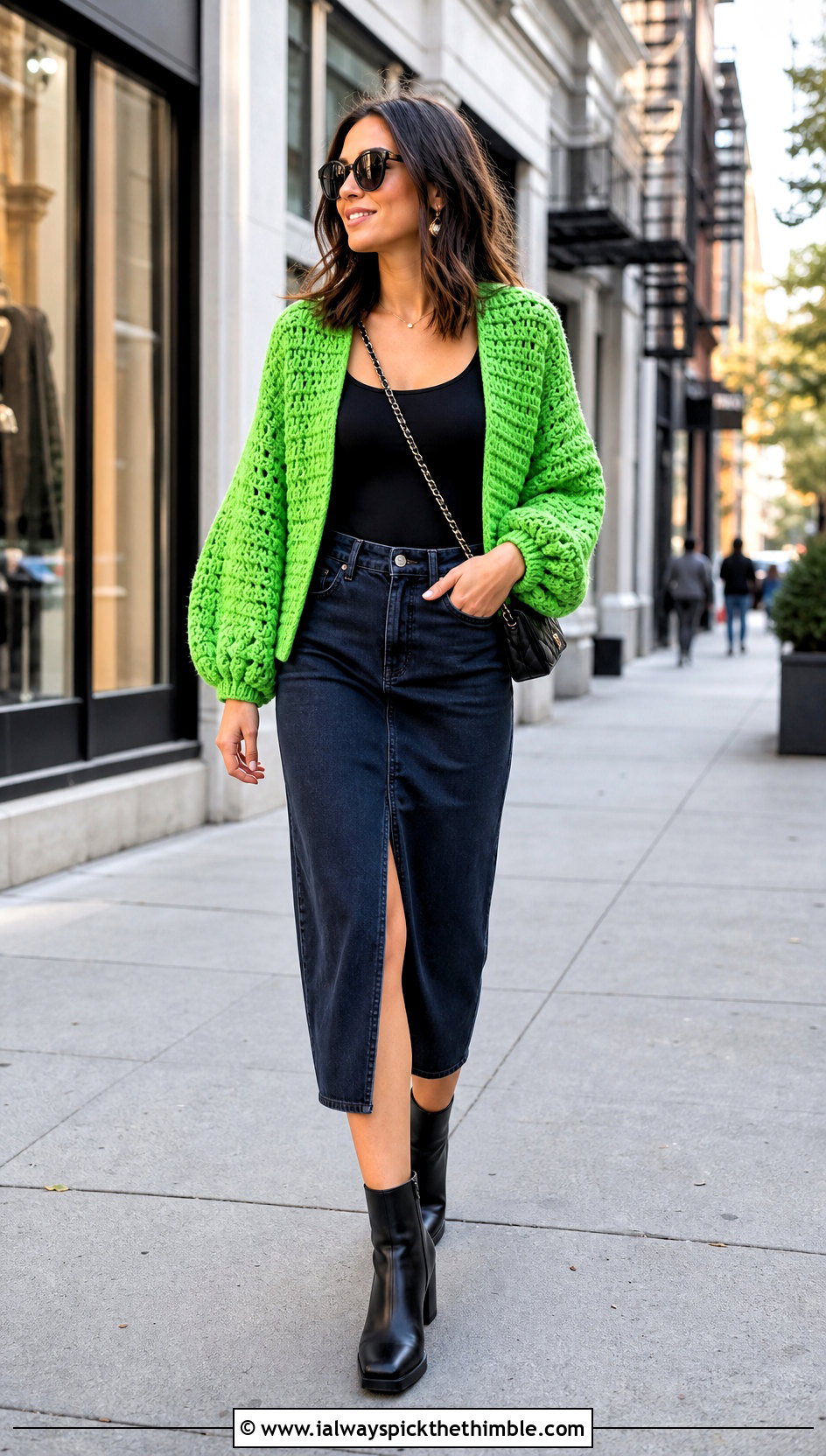 Balloon Sleeve Crocheted Cardigan With Denim Midi Skirt - 15 Easy Crocheted Cardigan outfit ideas