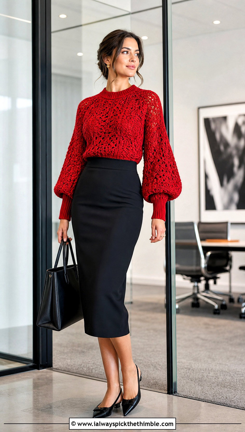 Balloon Sleeve Crocheted Sweater With Pencil Skirt - 25 crocheted sweaters outfit ideas