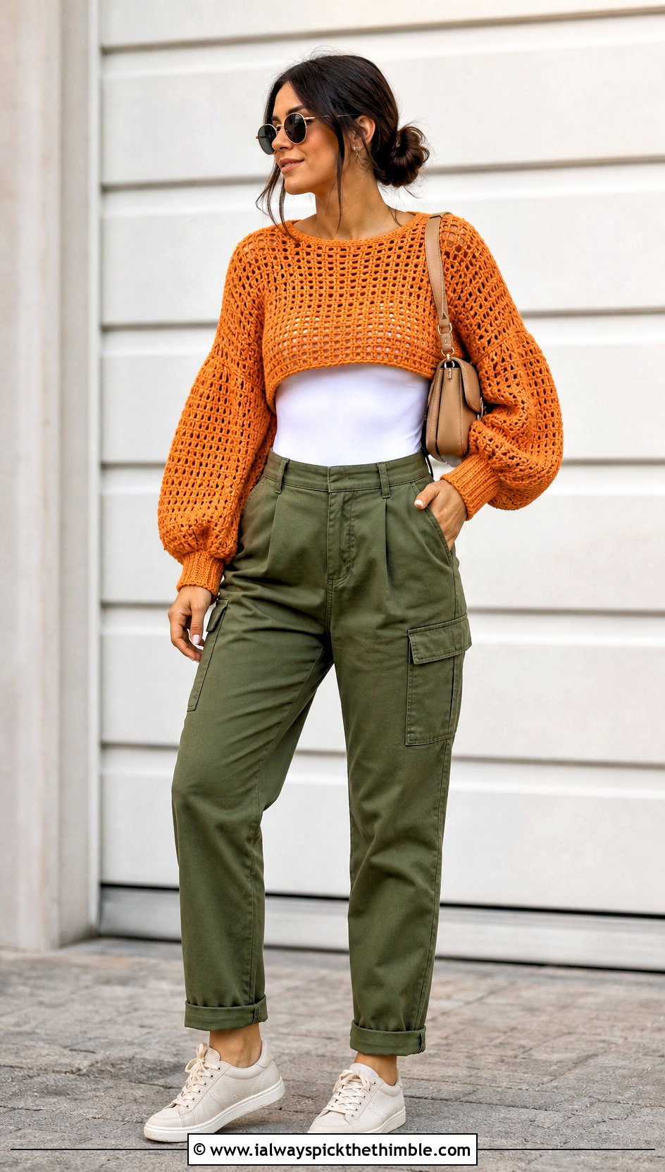 Balloon Sleeve Cropped Crochet Sweater With Cargo Pants - 25 crochet cropped sweater outfit ideas
