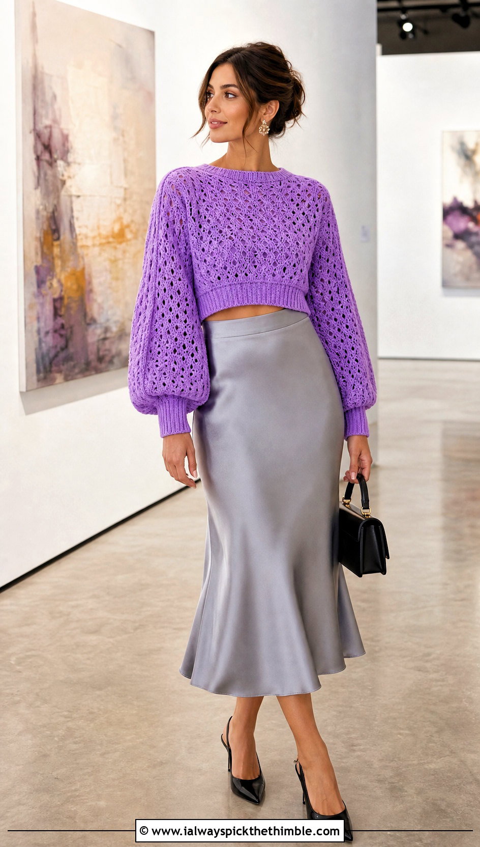 Balloon Sleeve Cropped Crochet Sweater With Satin Midi Skirt - 25 crop crochet sweater outfit ideas