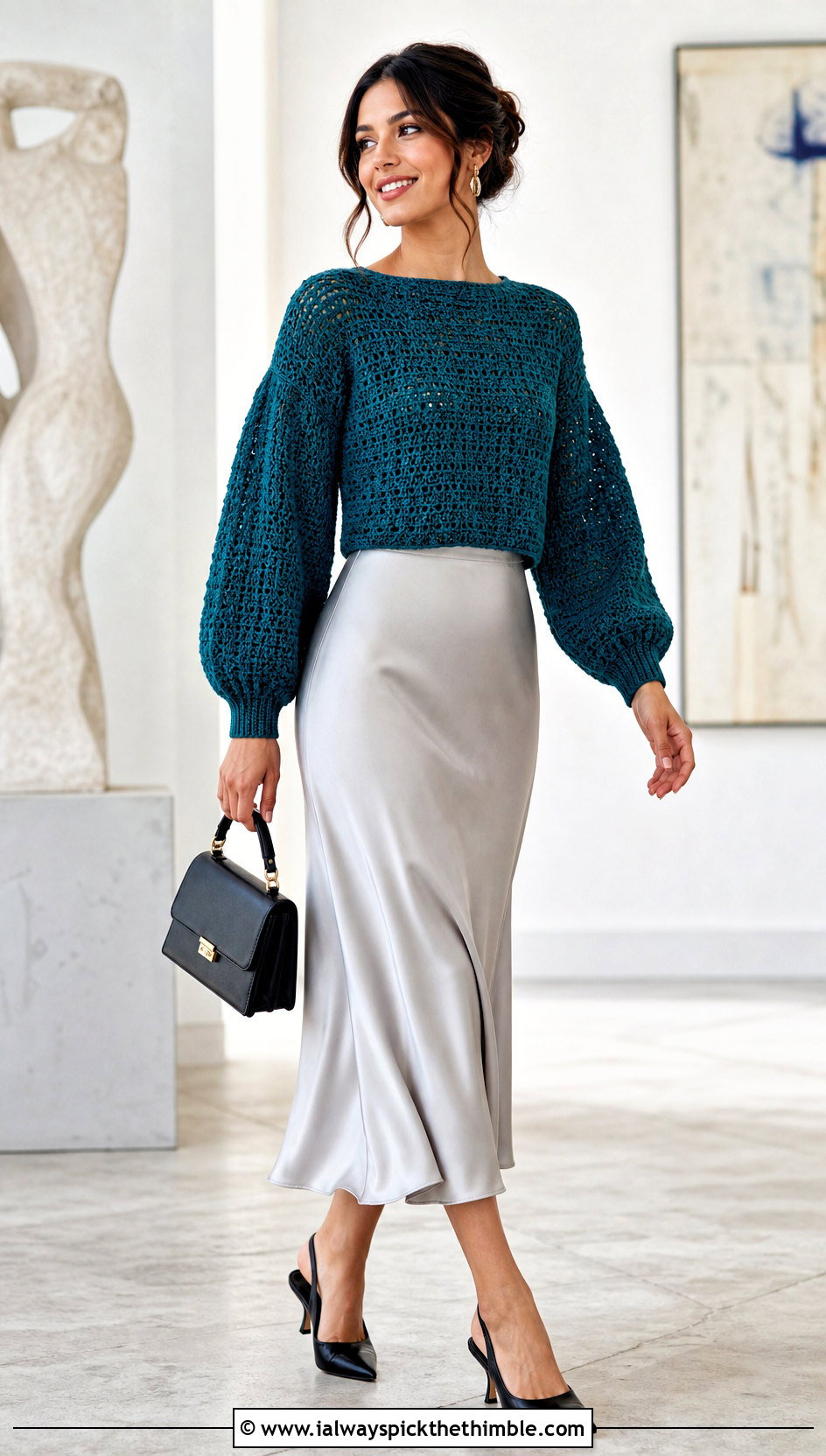 Balloon Sleeve Cropped Crochet Sweater With Satin Midi Skirt - 20 Easy Crochet Cropped Sweater outfit ideas