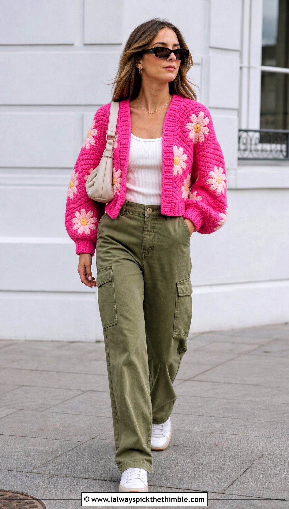 Balloon Sleeve Daisy Cardigan With Cargo Pants - 25 Crochet Daisy Cardigan outfit ideas