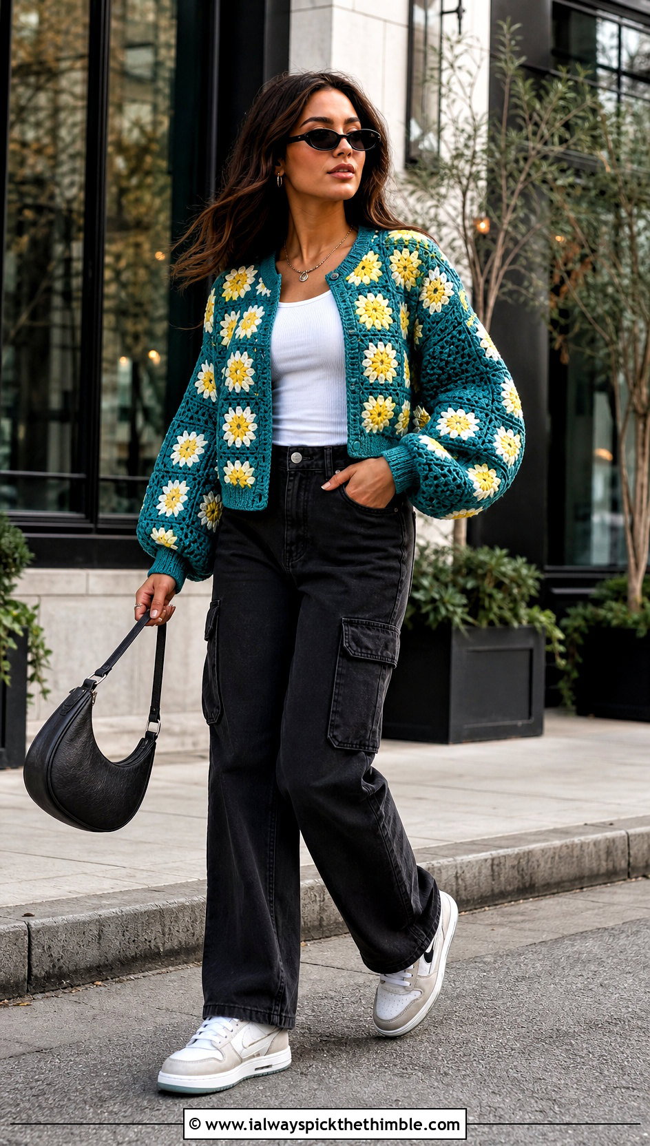 Balloon Sleeve Daisy Granny Square Cardigan With Cargo Pants - 20 Daisy Granny Square Cardigan outfit ideas