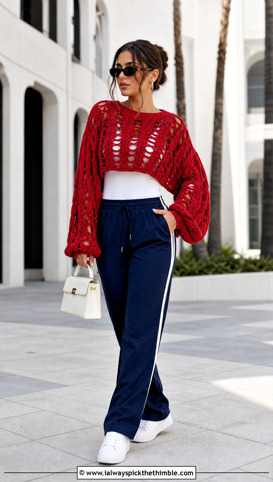 Balloon Sleeve Distressed Crochet Sweater With Track Pants - 25 distressed crochet sweater outfit ideas