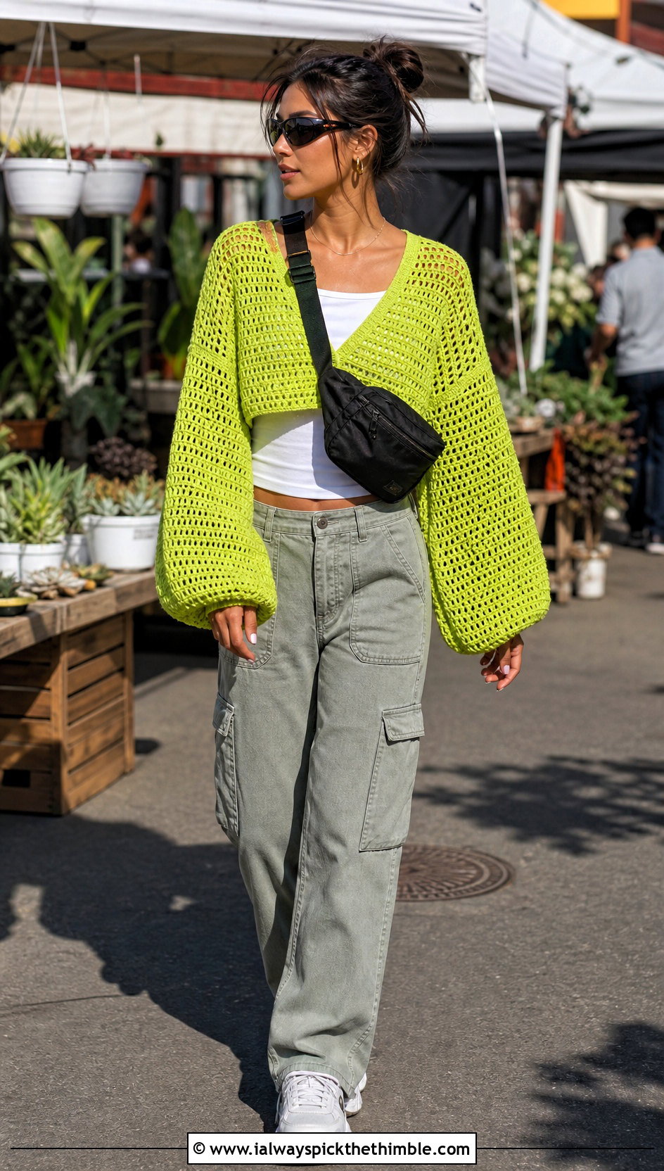 Balloon Sleeve Double Crochet Sweater With Cargo Pants - 25 double crochet sweater outfit ideas