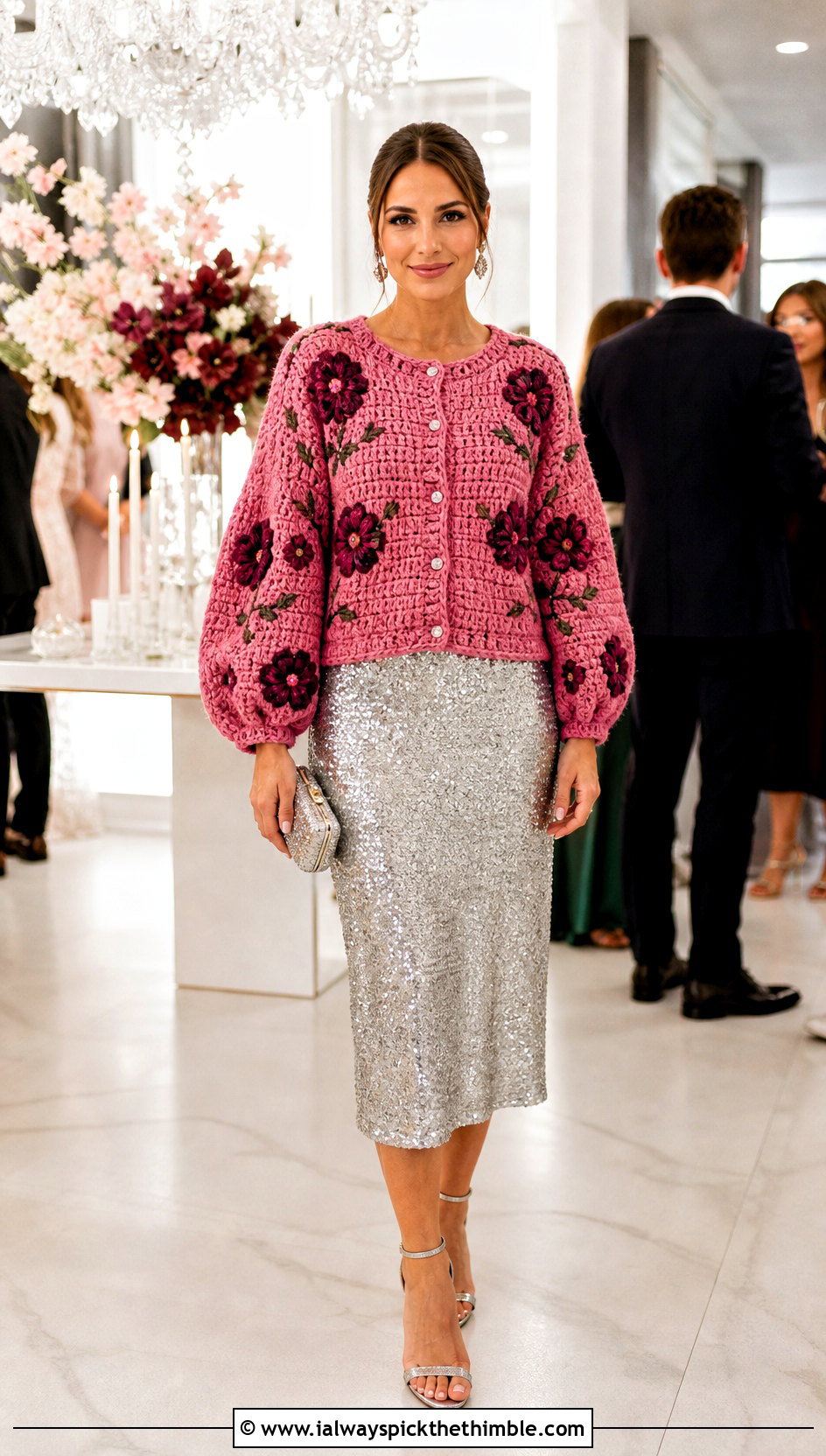 Balloon Sleeve Flower Cardigan With Sequin Midi Skirt - 20 crochet flowers cardigan outfit ideas
