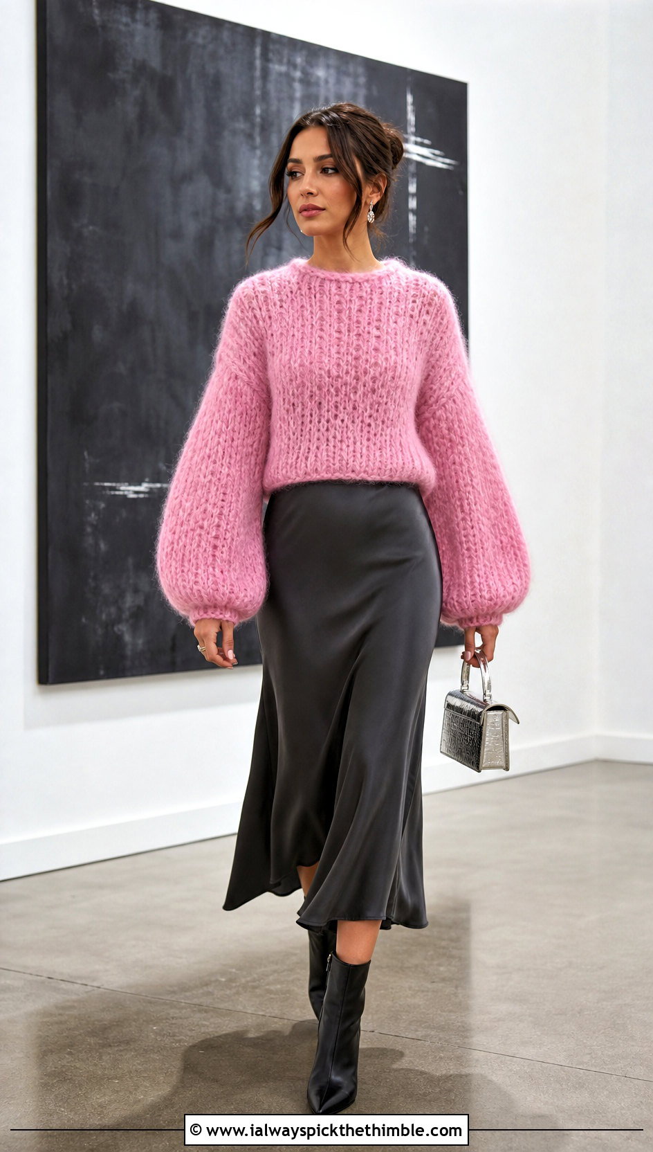 Balloon Sleeve Fluffy Crochet Sweater With Satin Midi Skirt - 25 fluffy crochet sweater outfit ideas