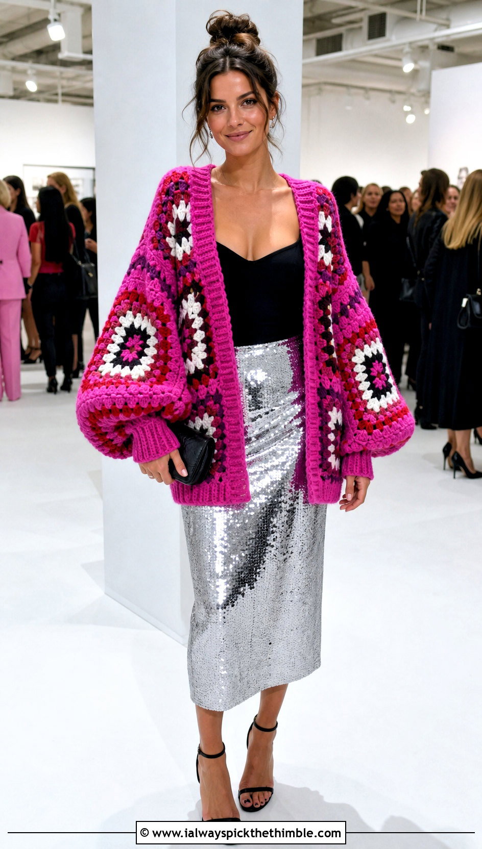Balloon Sleeve Giant Granny Square Cardigan With Sequin Skirt - 25 giant granny square cardigan outfit ideas
