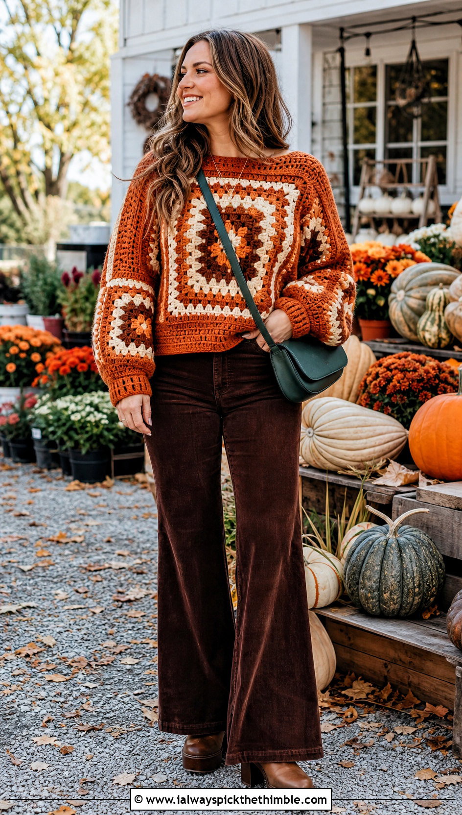 Balloon Sleeve Giant Granny Square Sweater With Corduroy Flares - 20 giant granny square sweater outfit ideas