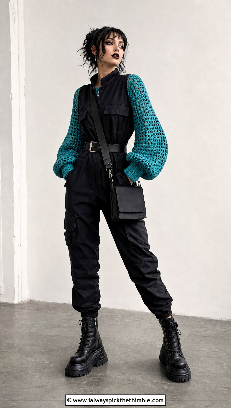Balloon Sleeve Goth Crochet Cardigan With Utility Jumpsuit - 15 goth crochet cardigan outfit ideas