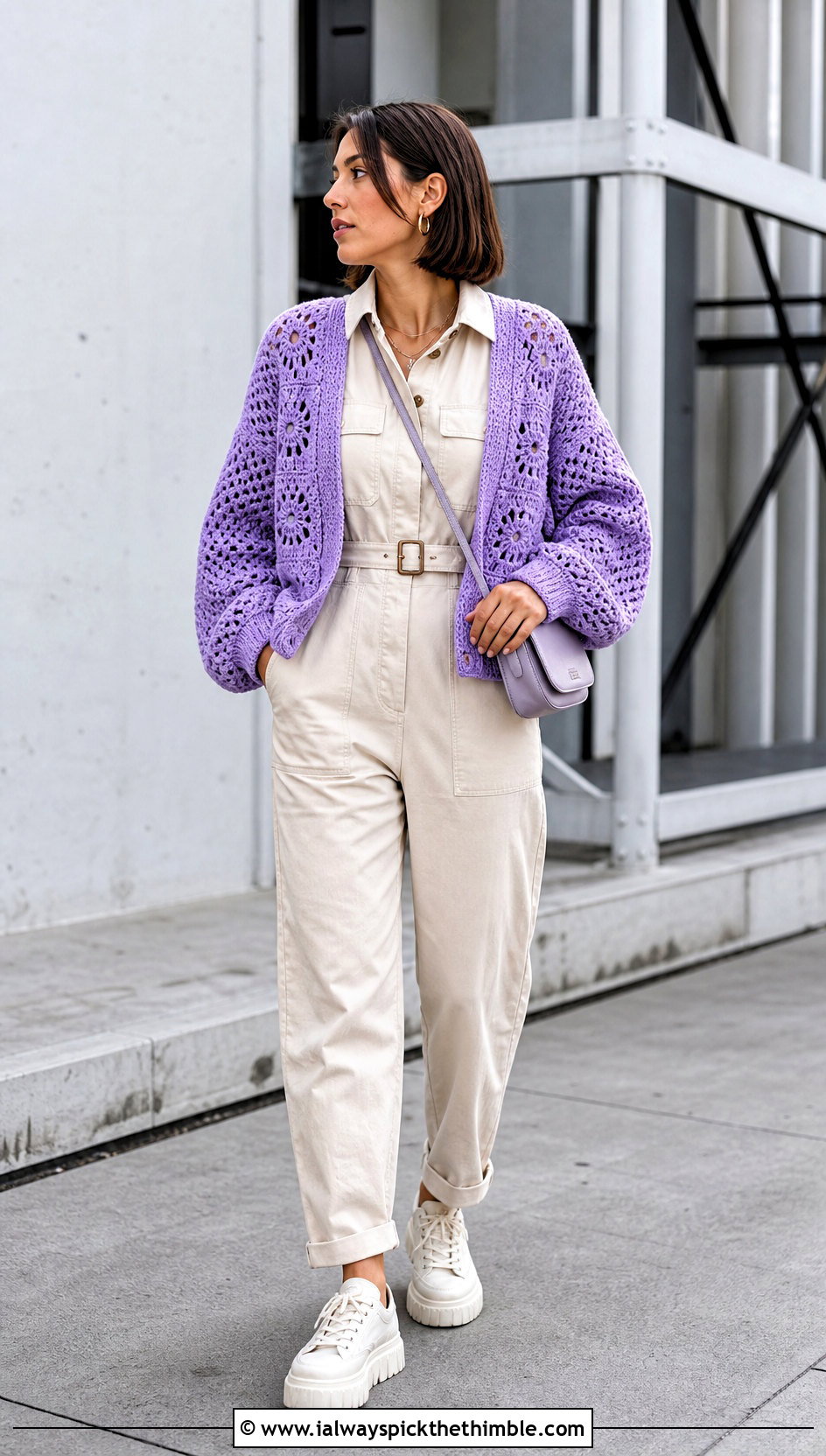 Balloon Sleeve Granny Cardigan With Utility Jumpsuit - 25 crochet granny cardigan outfit ideas