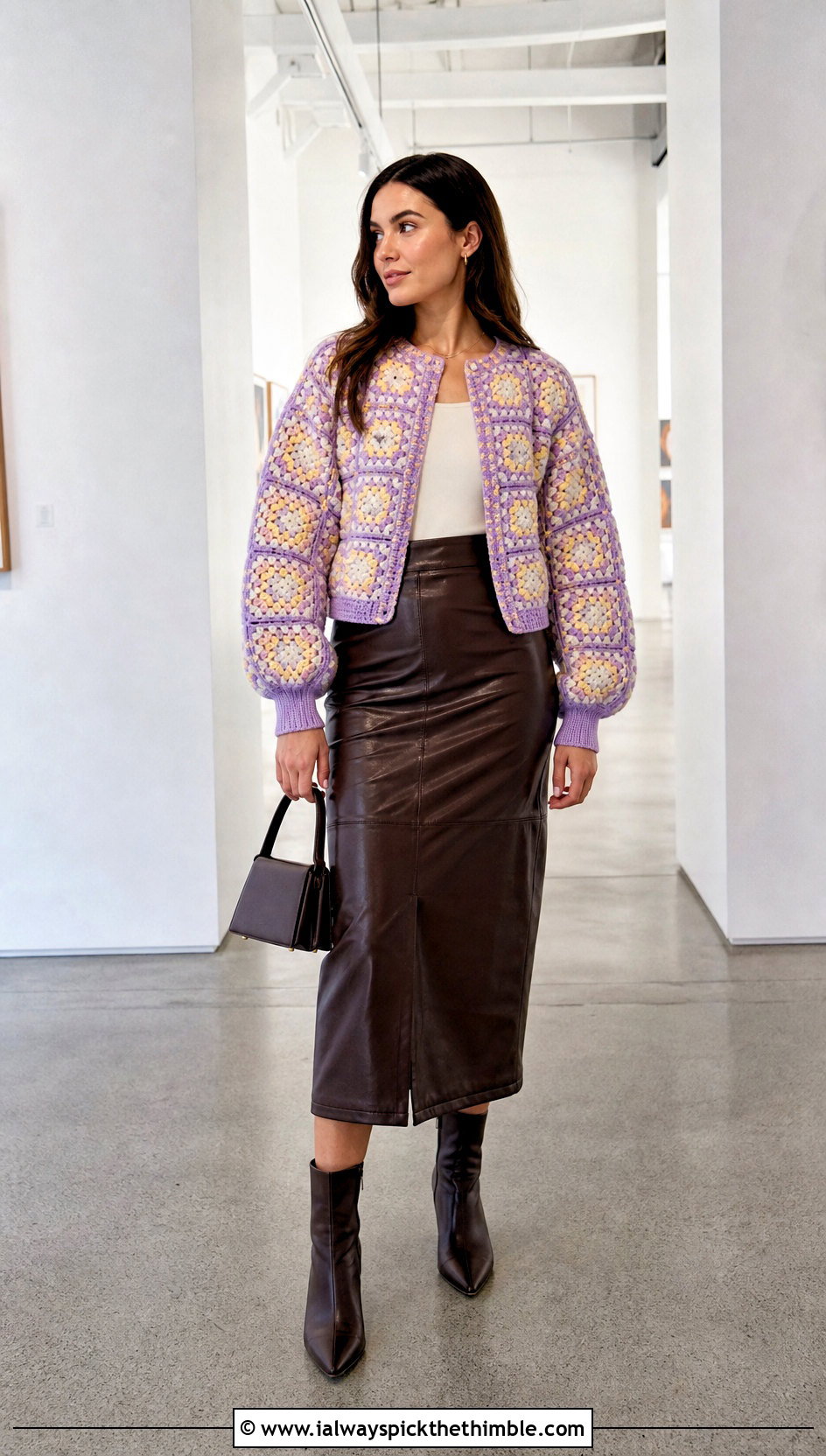 Balloon Sleeve Granny Square Cardigan With Leather Midi Skirt - 20 pastel granny square cardigan outfit ideas