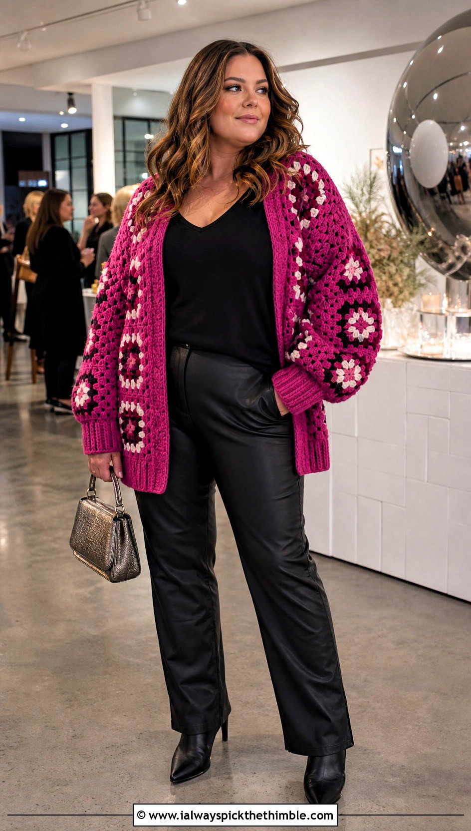 Balloon Sleeve Granny Square Cardigan With Leather Pants - 20 plus size crochet granny square cardigan outfit ideas