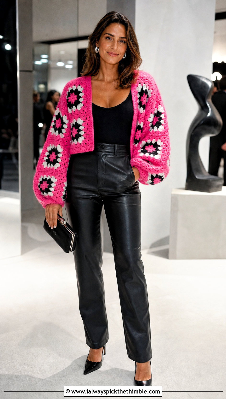 Balloon Sleeve Granny Square Cardigan With Leather Pants - 15 originally lovely granny square cardigan outfit ideas