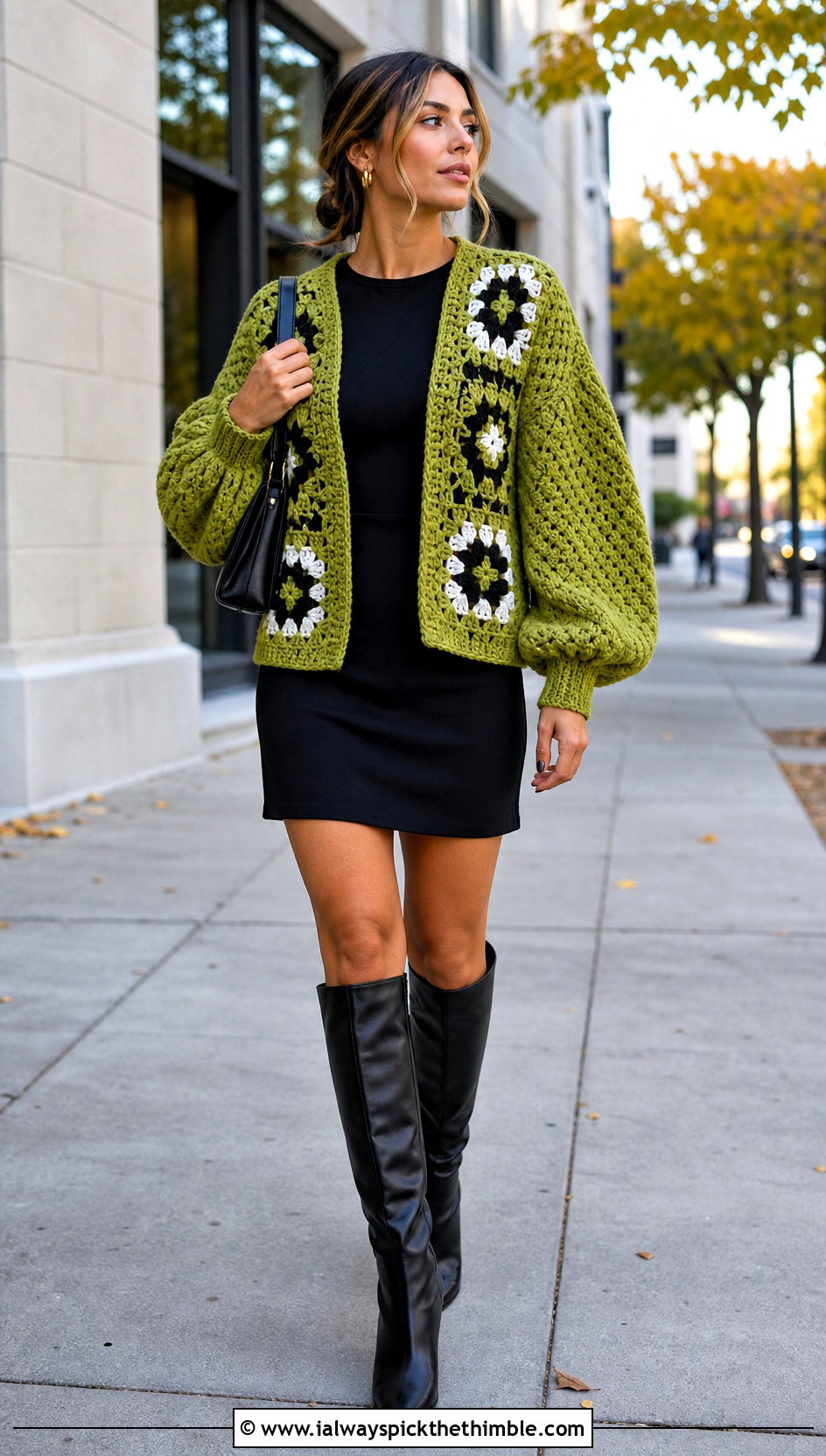 Balloon Sleeve Granny Square Cardigan With Mini Dress - 25 crochet granny square cardigan outfit ideas
