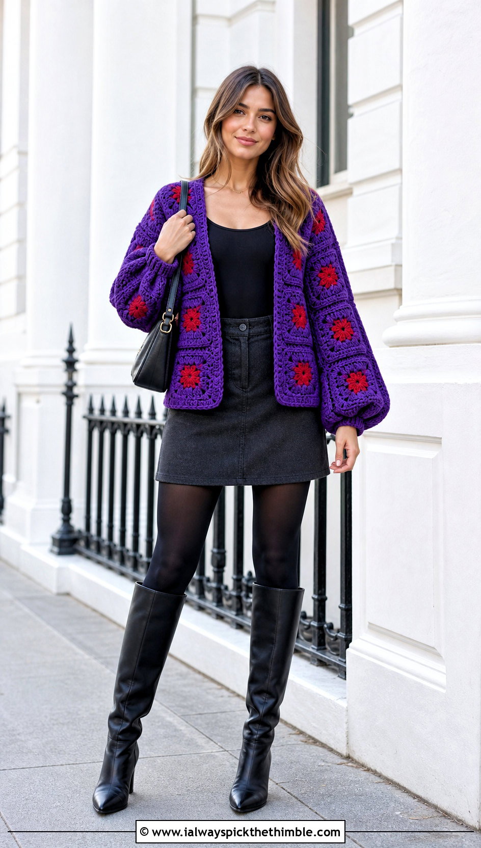Balloon Sleeve Granny Square Cardigan With Mini Skirt - 25 Easy Simple Crochet Granny Square Cardigan outfit ideas