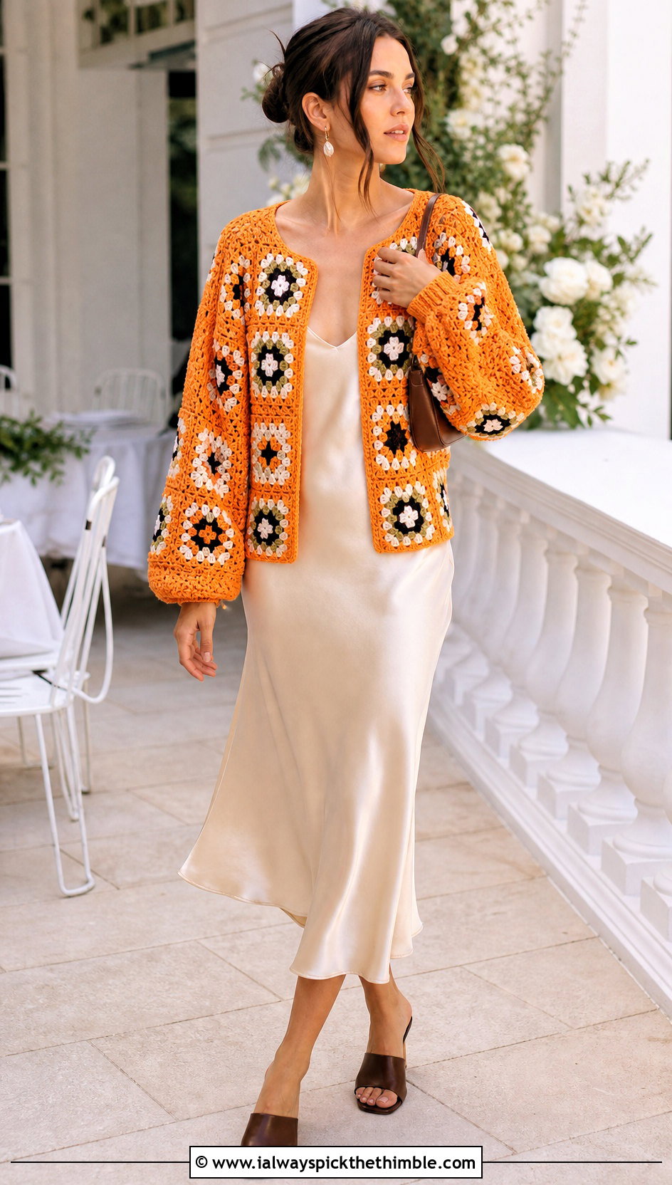 Balloon Sleeve Granny Square Cardigan With Slip Dress - 25 granny square crochet sweater outfit ideas