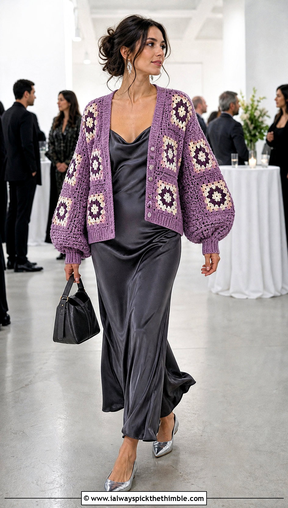 Balloon Sleeve Granny Square Cardigan With Slip Dress - 25 crochet granny stitch sweater outfit ideas