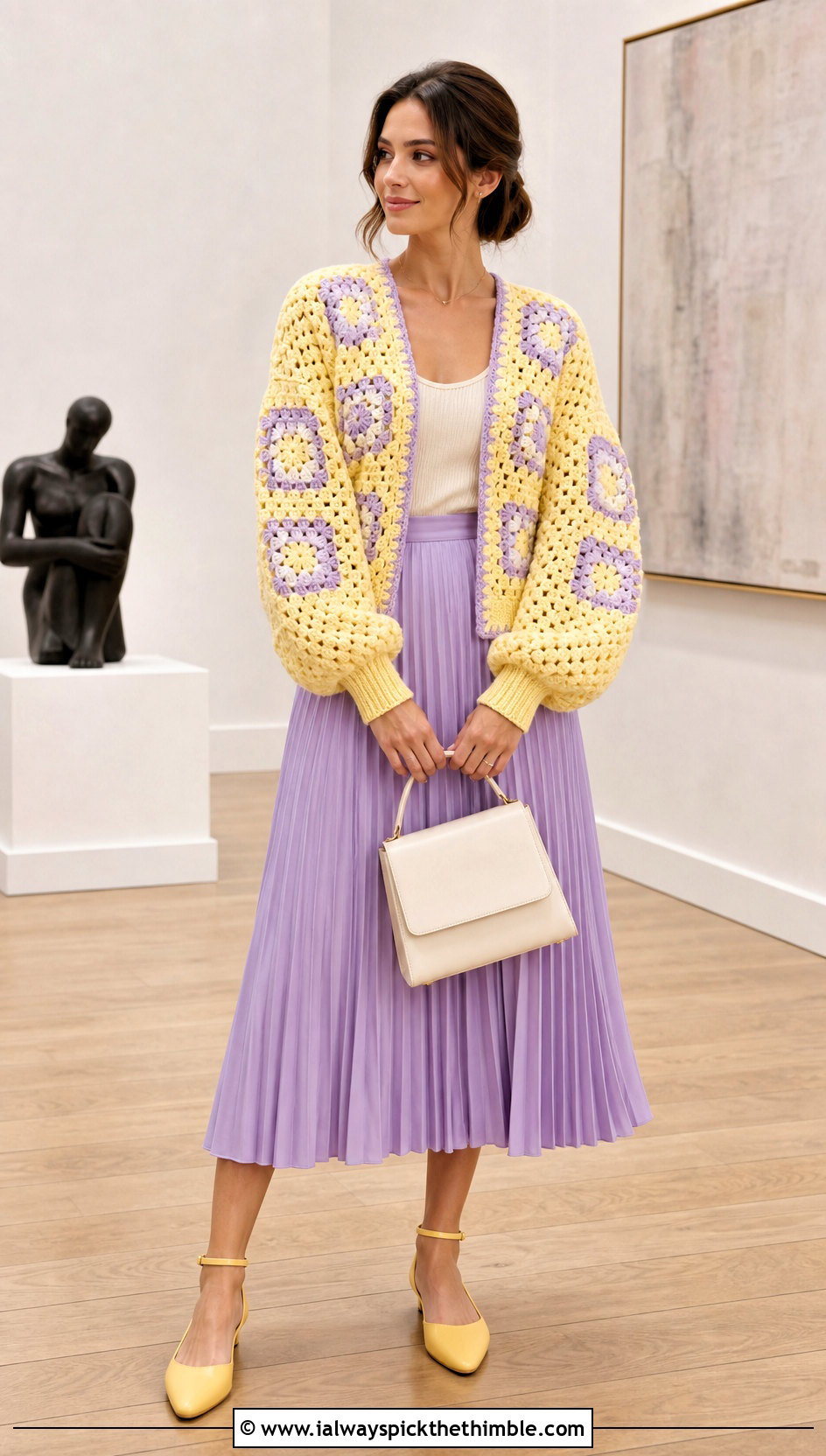 Balloon Sleeve Granny Square Crochet Cardigan With Pleated Skirt - 20 Grant Square Crochet Cardigan outfit ideas