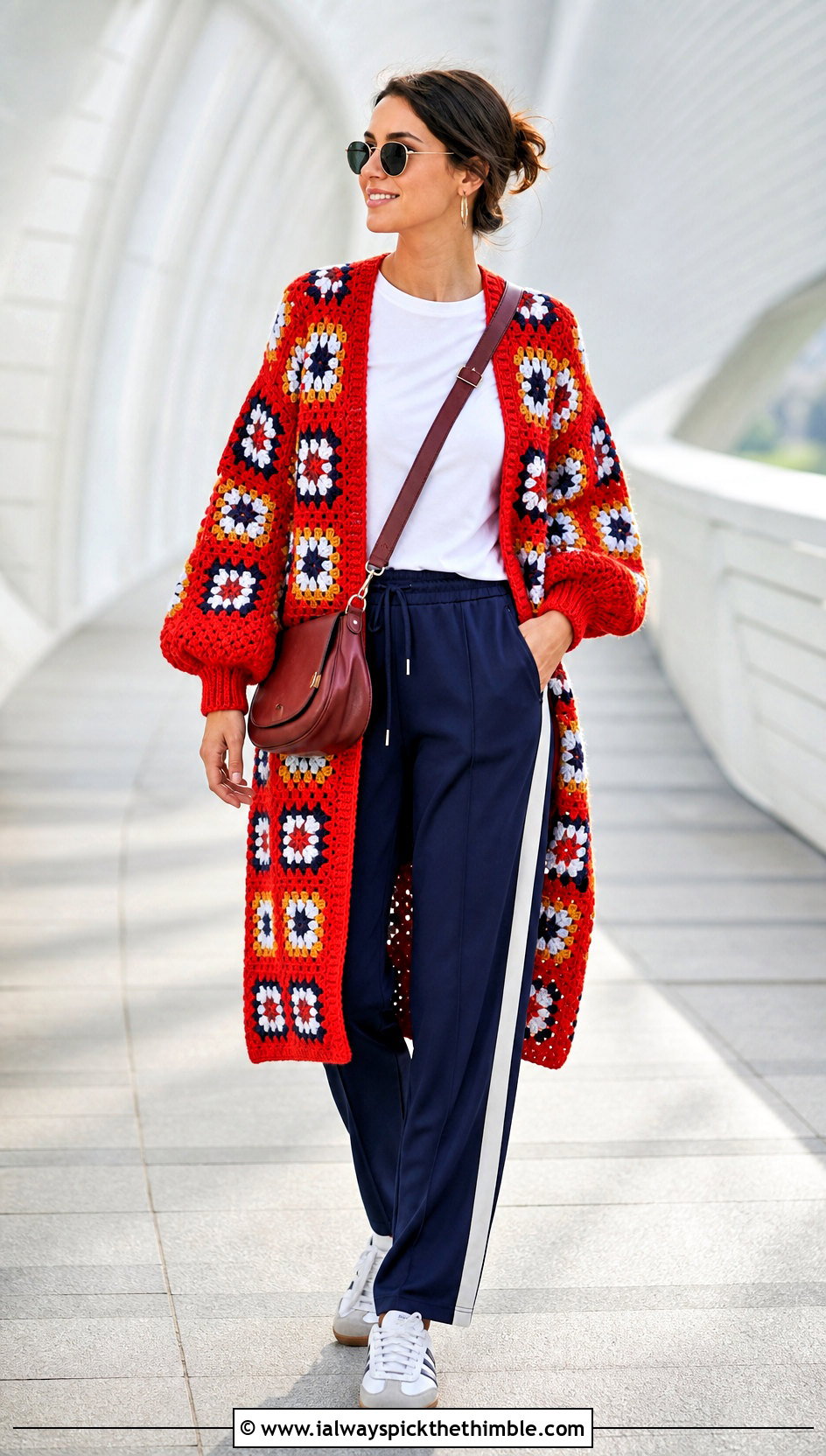 Balloon Sleeve Granny Square Crochet Coat With Track Pants - 20 Granny Square Crochet Coat outfit ideas