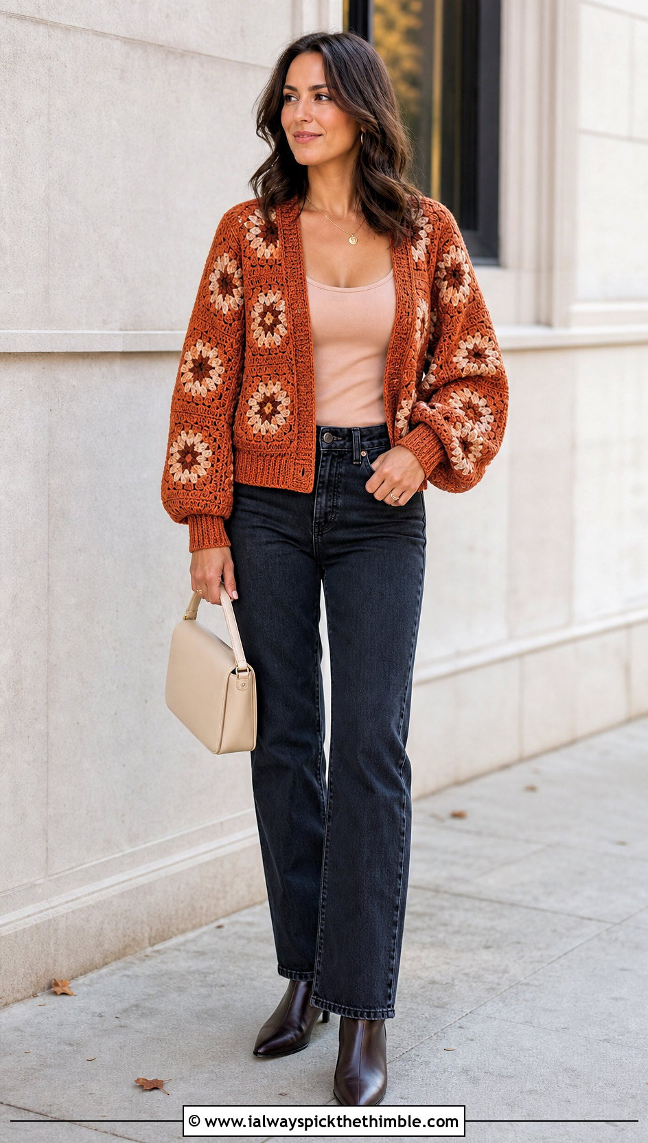 Balloon Sleeve Granny Square Jacket With Straight Jeans - 20 crochet granny square jacket outfit ideas