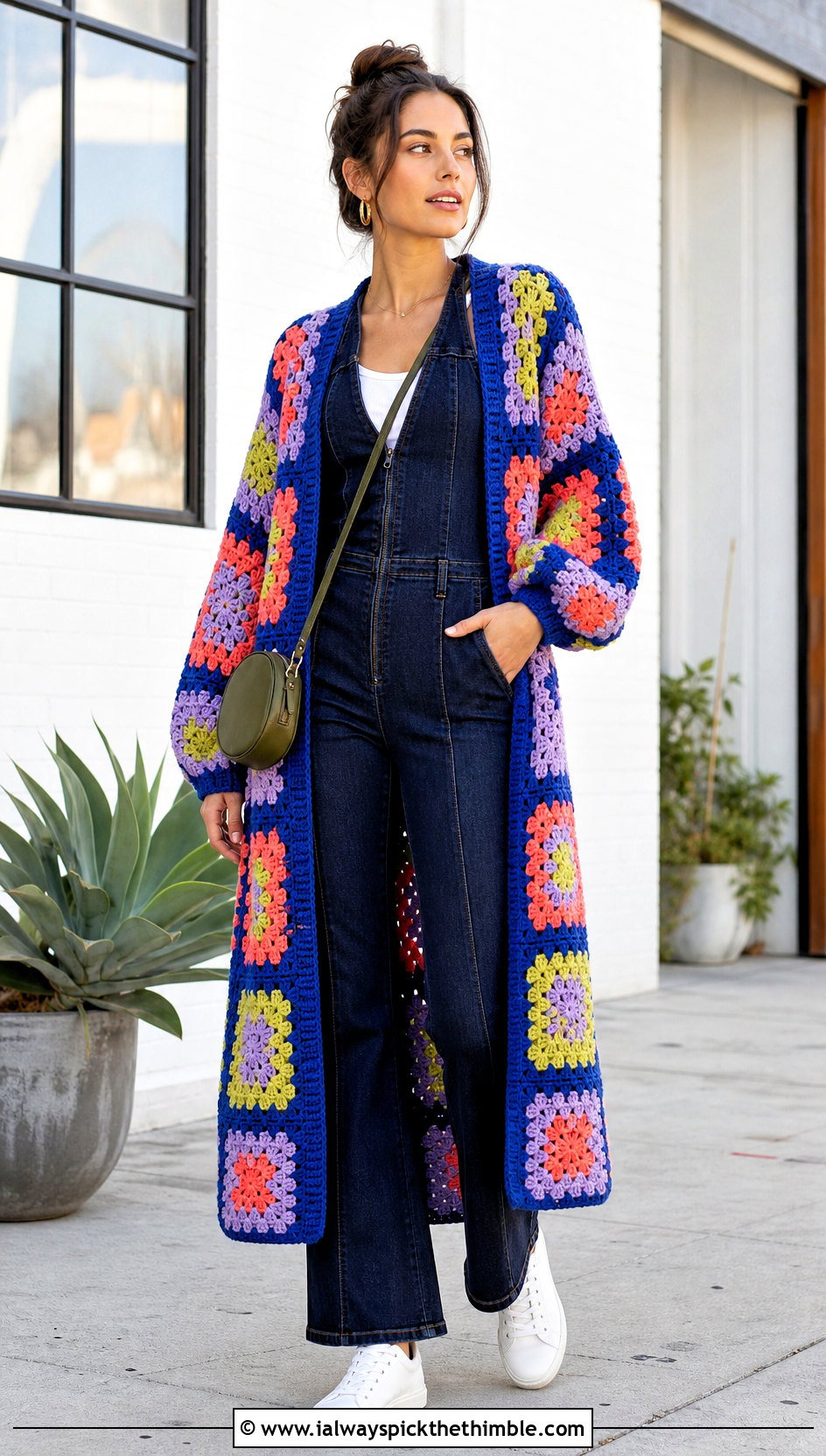 Balloon Sleeve Granny Square Long Cardigan With Denim Jumpsuit - 20 crochet granny square long cardigan outfit ideas