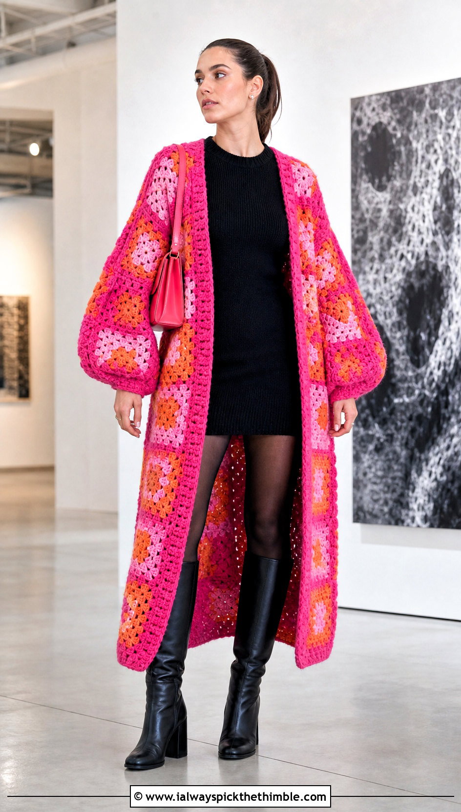 Balloon Sleeve Granny Square Long Cardigan With Mini Dress - 20 granny square long cardigan outfit ideas