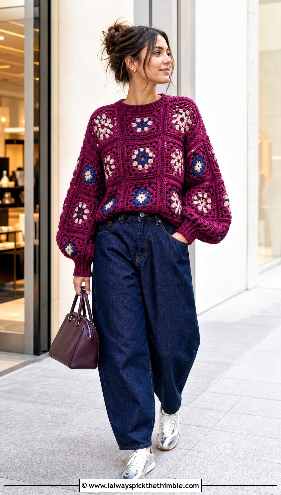 Balloon Sleeve Granny Square Pullover With Barrel Jeans - 25 crochet granny square pullover outfit ideas