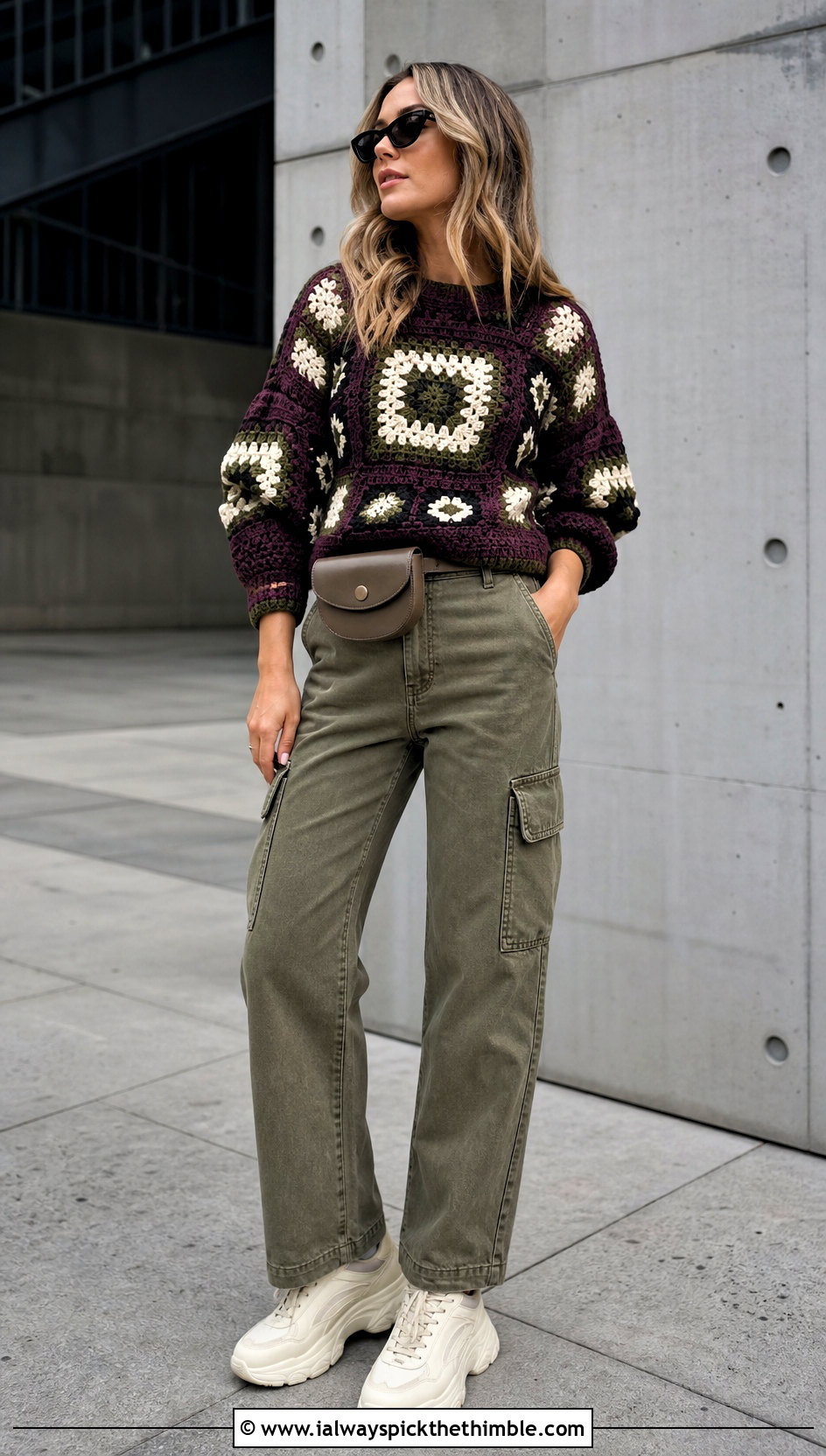Balloon Sleeve Granny Square Pullover With Cargo Pants - 20 crochet granny square pullover sweater outfit ideas