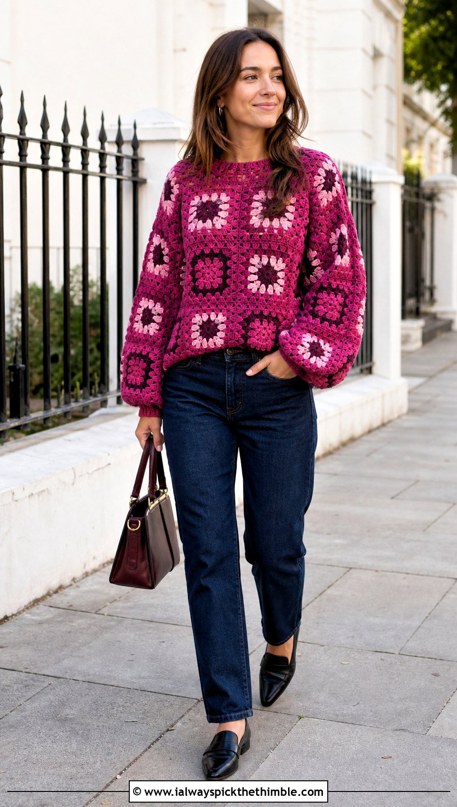 Balloon Sleeve Granny Square Pullover With Straight Leg Jeans - 25 granny square pullover outfit ideas
