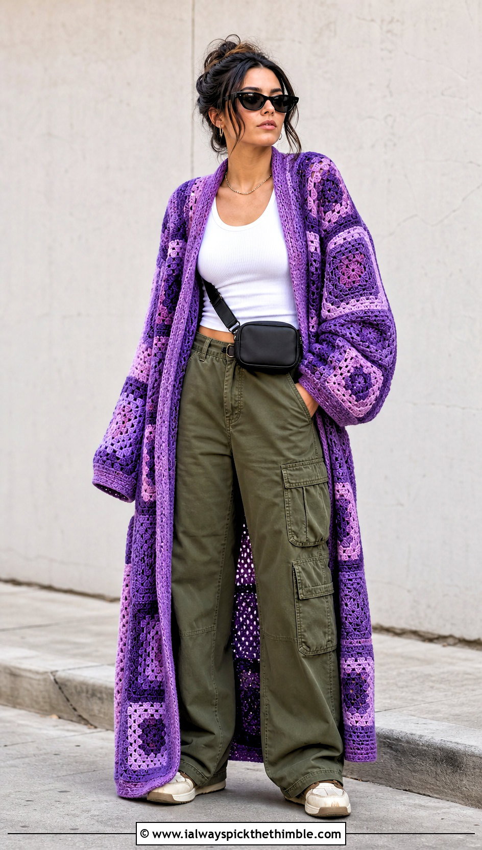 Balloon Sleeve Granny Square Robe With Cargo Pants - 20 granny square robe outfit ideas