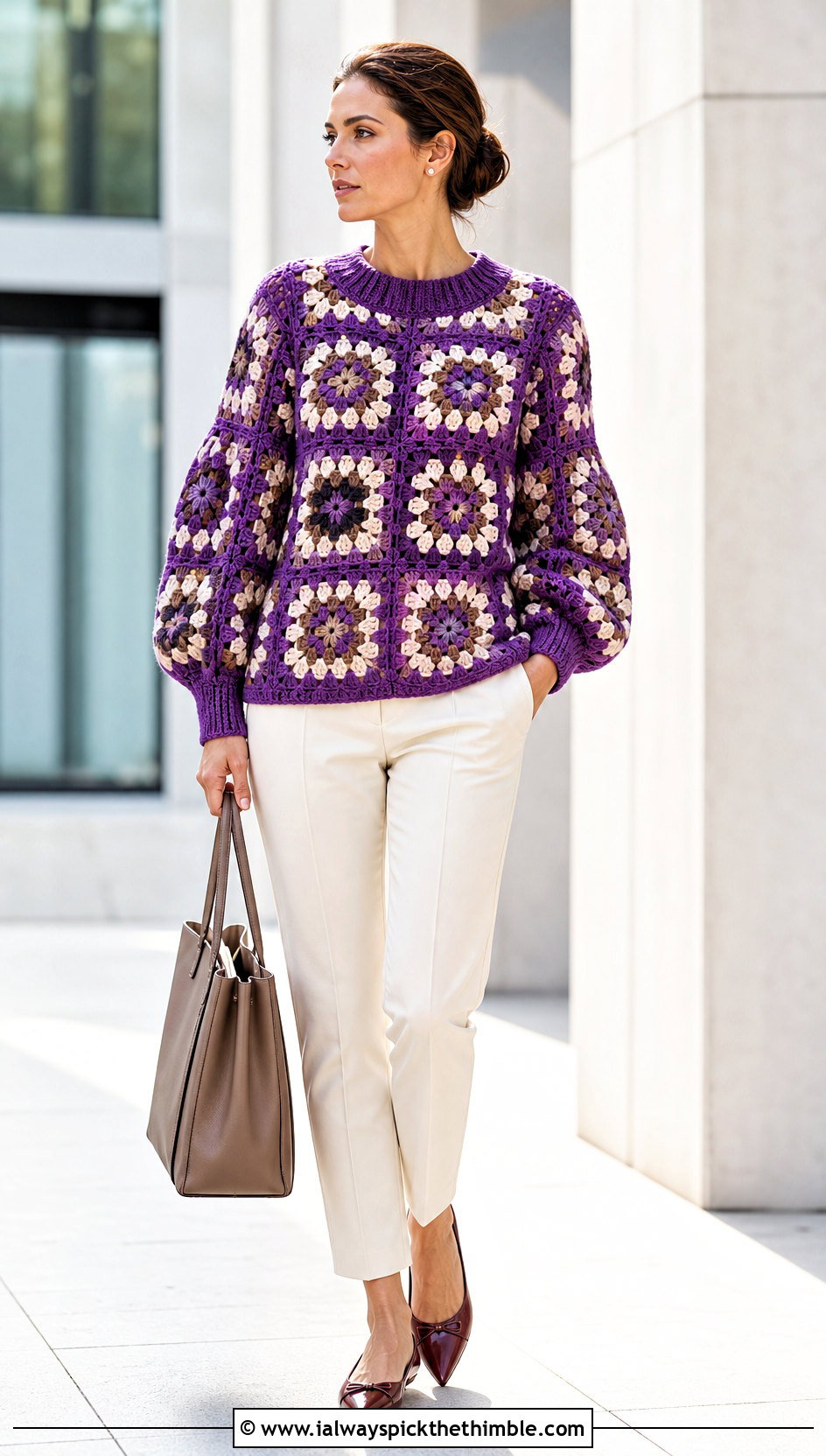 Balloon Sleeve Granny Square Sweater With Cigarette Pants - 20 crochet sweater with granny squares outfit ideas
