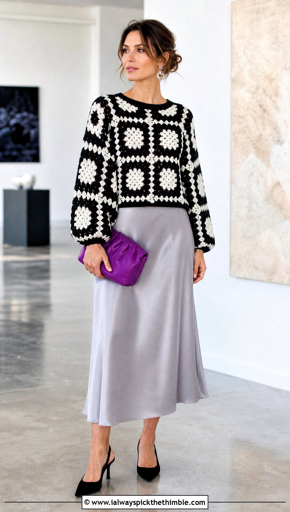 Balloon Sleeve Granny Square Sweater With Satin Skirt - 20 black and white granny square sweater outfit ideas