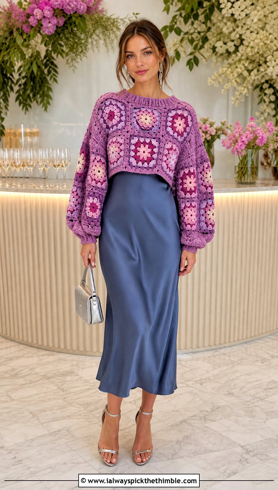 Balloon Sleeve Granny Square Sweater With Slip Dress - 25 granny square sweater outfit ideas