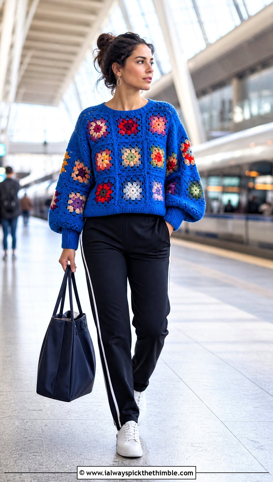 Balloon Sleeve Granny Square Sweater With Track Pants - 20 Fall Granny Square Sweater outfit ideas