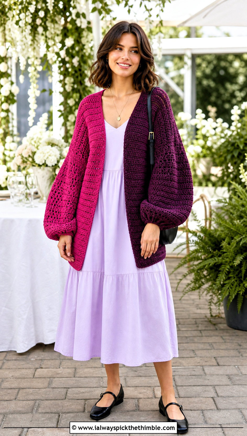 Balloon Sleeve Half And Half Crochet Cardigan With Midi Dress - 20 Half And Half Crochet Cardigan outfit ideas