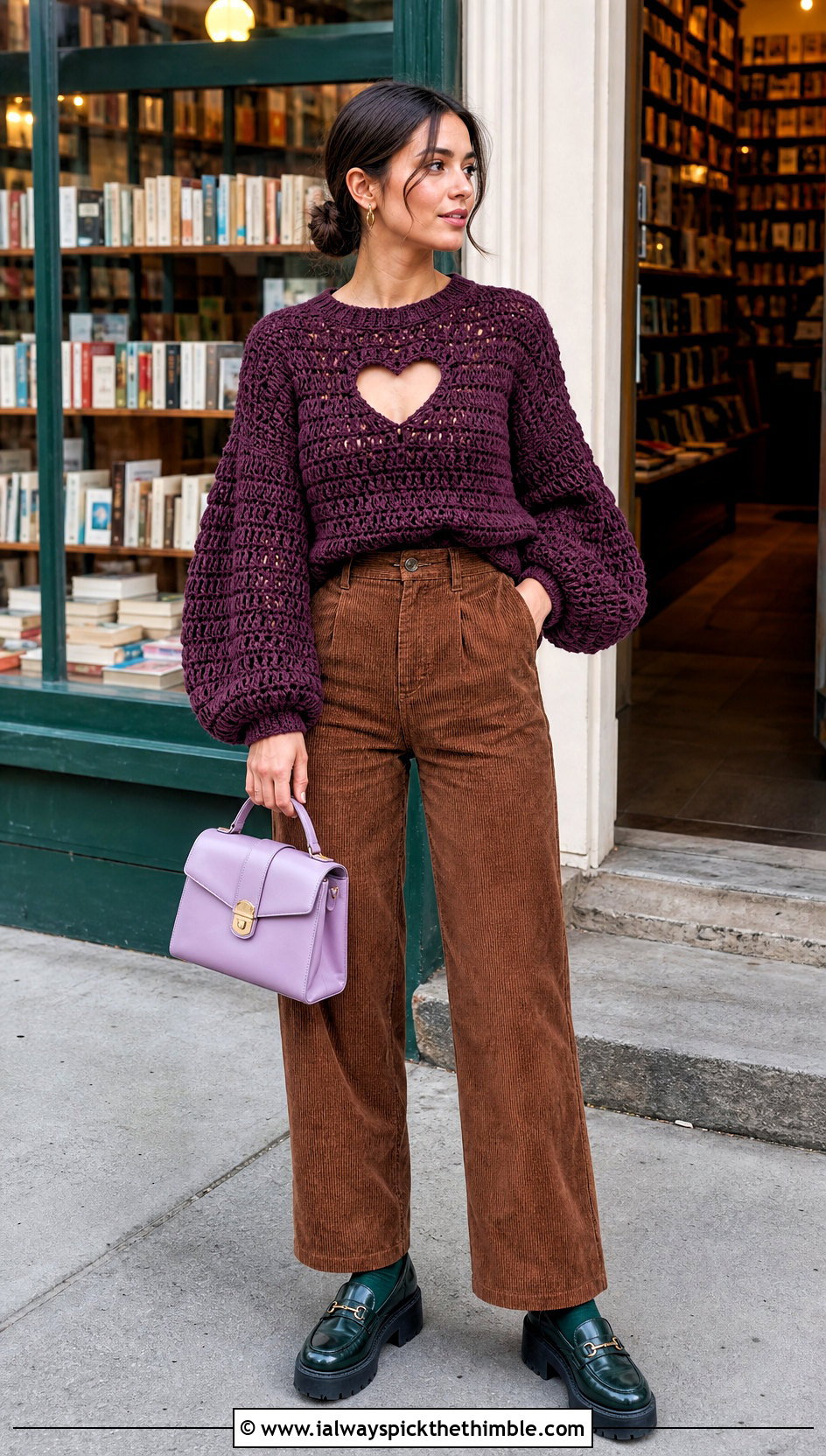 Balloon Sleeve Heart Cut Out Crochet Top With Corduroy Trousers - 20 Heart Cut Out Crochet Top outfit ideas