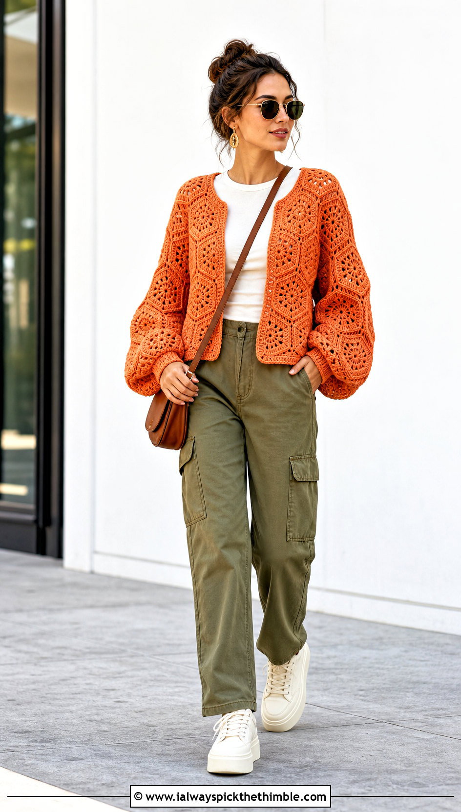 Balloon Sleeve Hexagon Crochet Cardigan With Cargo Pants - 15 crazy classic crochet cardigan outfit ideas