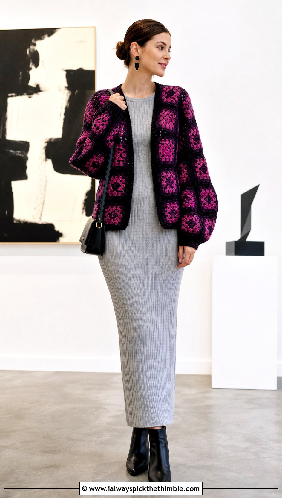Balloon Sleeve Hexagon Crochet Cardigan With Column Dress - 20 Hexagon Crochet Cardigan With Granny Squares outfit ideas