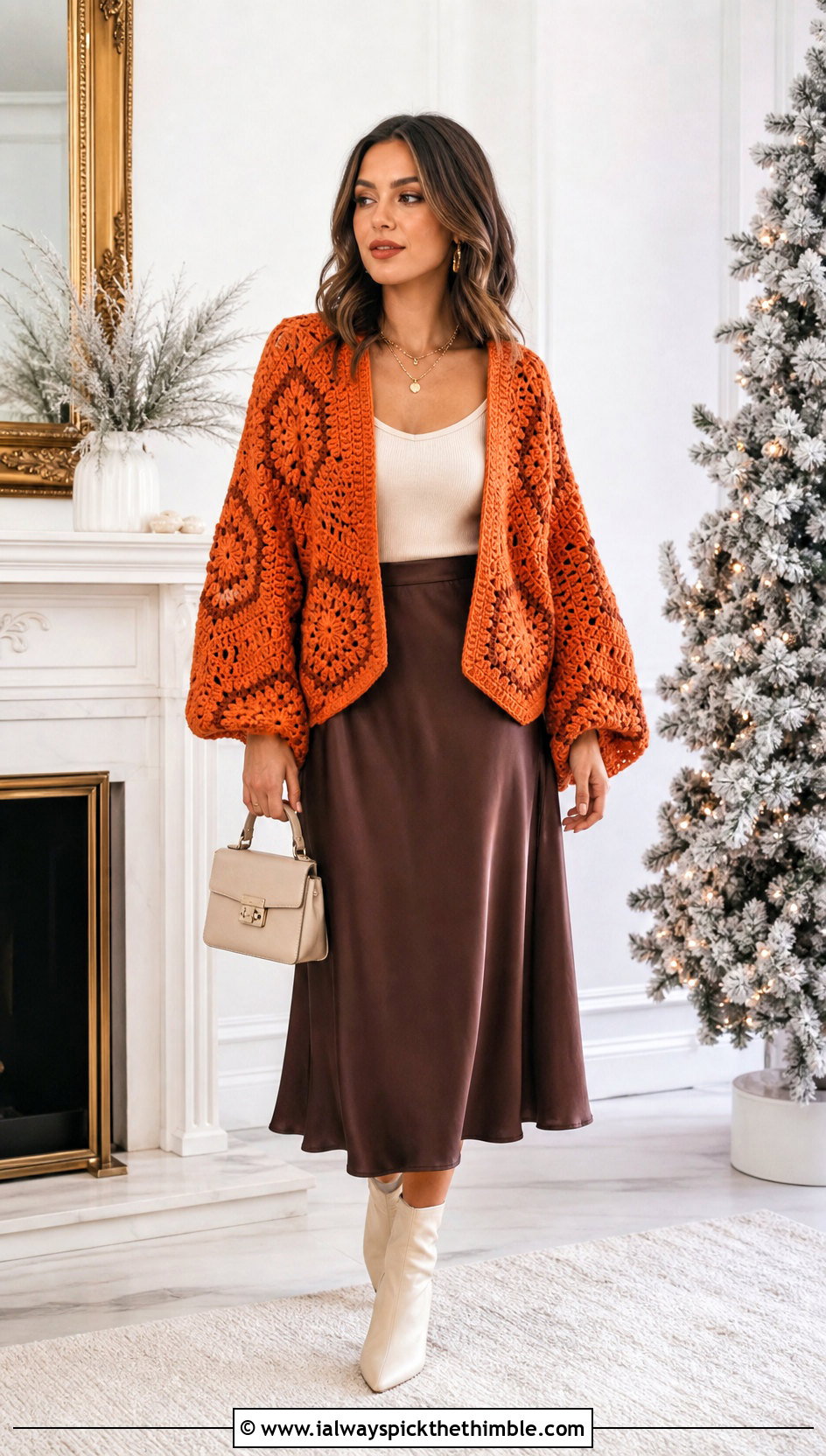Balloon Sleeve Hexagon Crochet Cardigan With Satin Skirt - 20 crochet winter cardigan outfit ideas