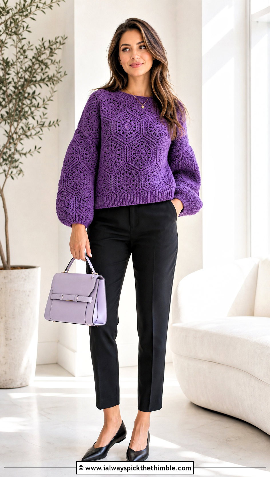 Balloon Sleeve Hexagon Pullover With Slim Ankle Pants - 25 crochet hexagon pullover outfit ideas