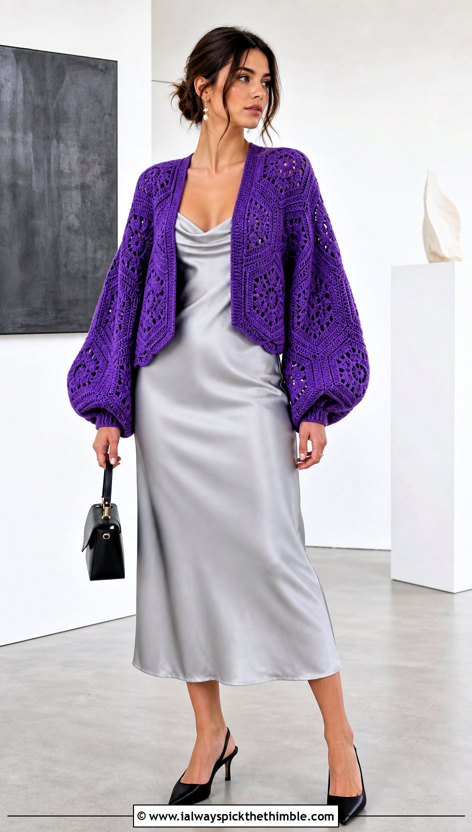 Balloon Sleeve Hexagon Slouchy Crochet Cardigan With A Slip Dress - 20 Slouchy Crochet Cardigan outfit ideas