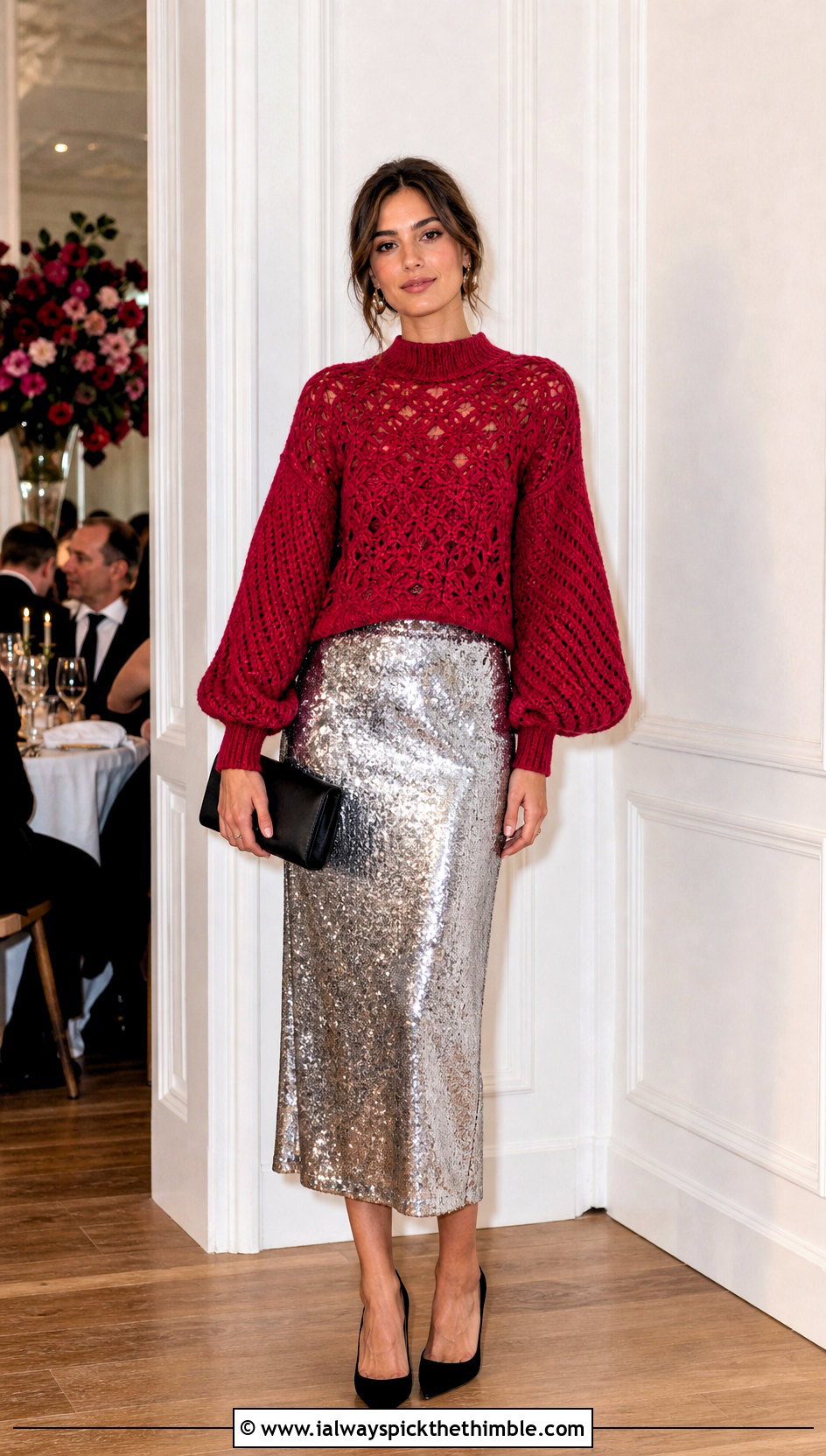 Balloon Sleeve Hollow Out Crochet Sweater With Sequin Midi Skirt - 20 Hollow Out Crochet Sweater outfit ideas