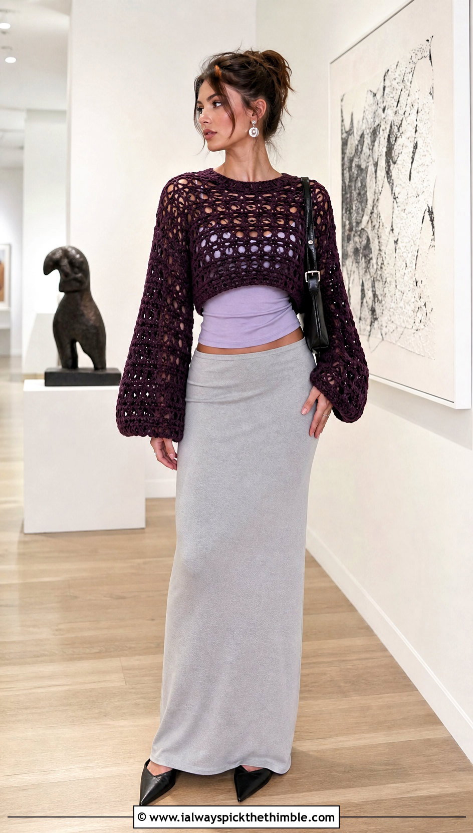 Balloon Sleeve Hollow Out Crop Crochet Sweater With Column Maxi Skirt - 15 hollow out crop crochet sweater outfit ideas
