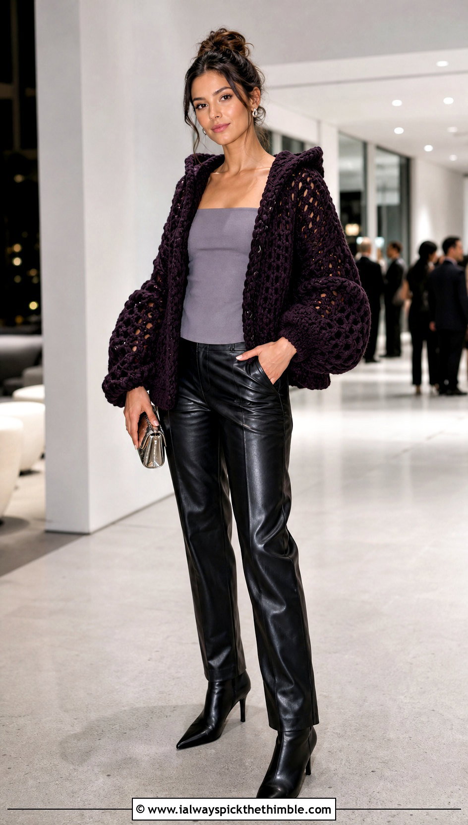 Balloon Sleeve Hooded Crochet Cardigan With Leather Pants - 20 crochet hoodie cardigan outfit ideas