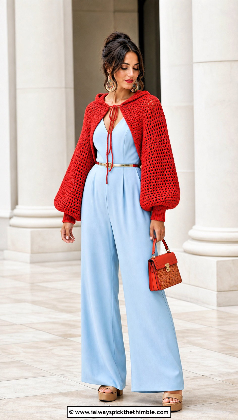 Balloon Sleeve Hooded Crochet Shrug With Jumpsuit - 20 hooded crochet shrug outfit ideas