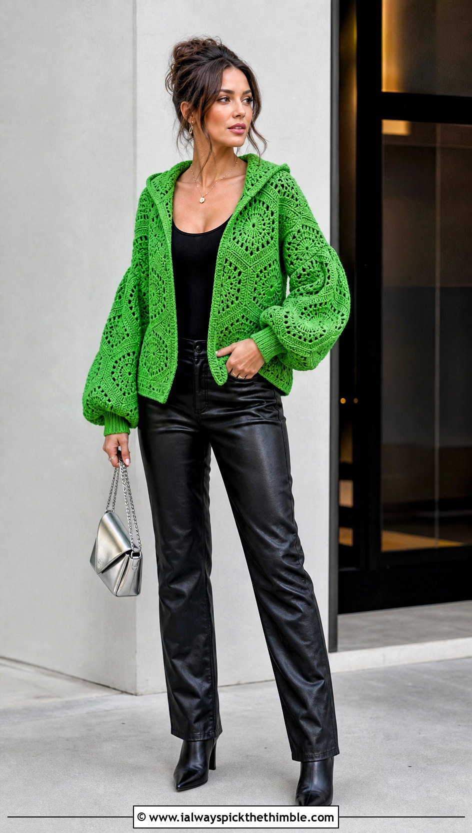 Balloon Sleeve Hooded Hexagon Cardigan With Faux Leather Pants - 20 Crochet Hexagon Cardigan With Hood outfit ideas