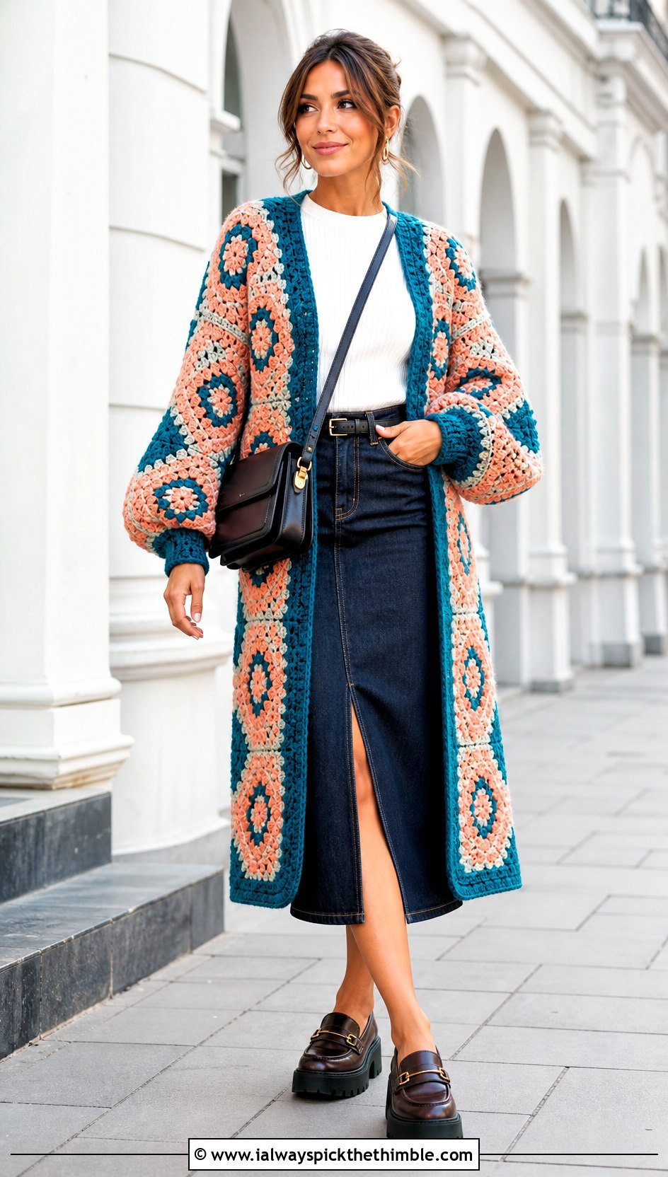 Balloon Sleeve Howl Crochet Coat With Denim Midi Skirt - 20 howl crochet coat outfit ideas