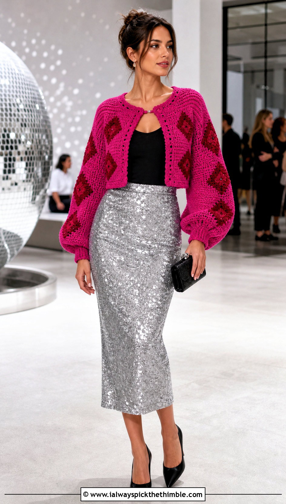Balloon Sleeve Howls Crochet Jacket With Sequin Midi Skirt - 20 Howl's Crochet Jacket outfit ideas
