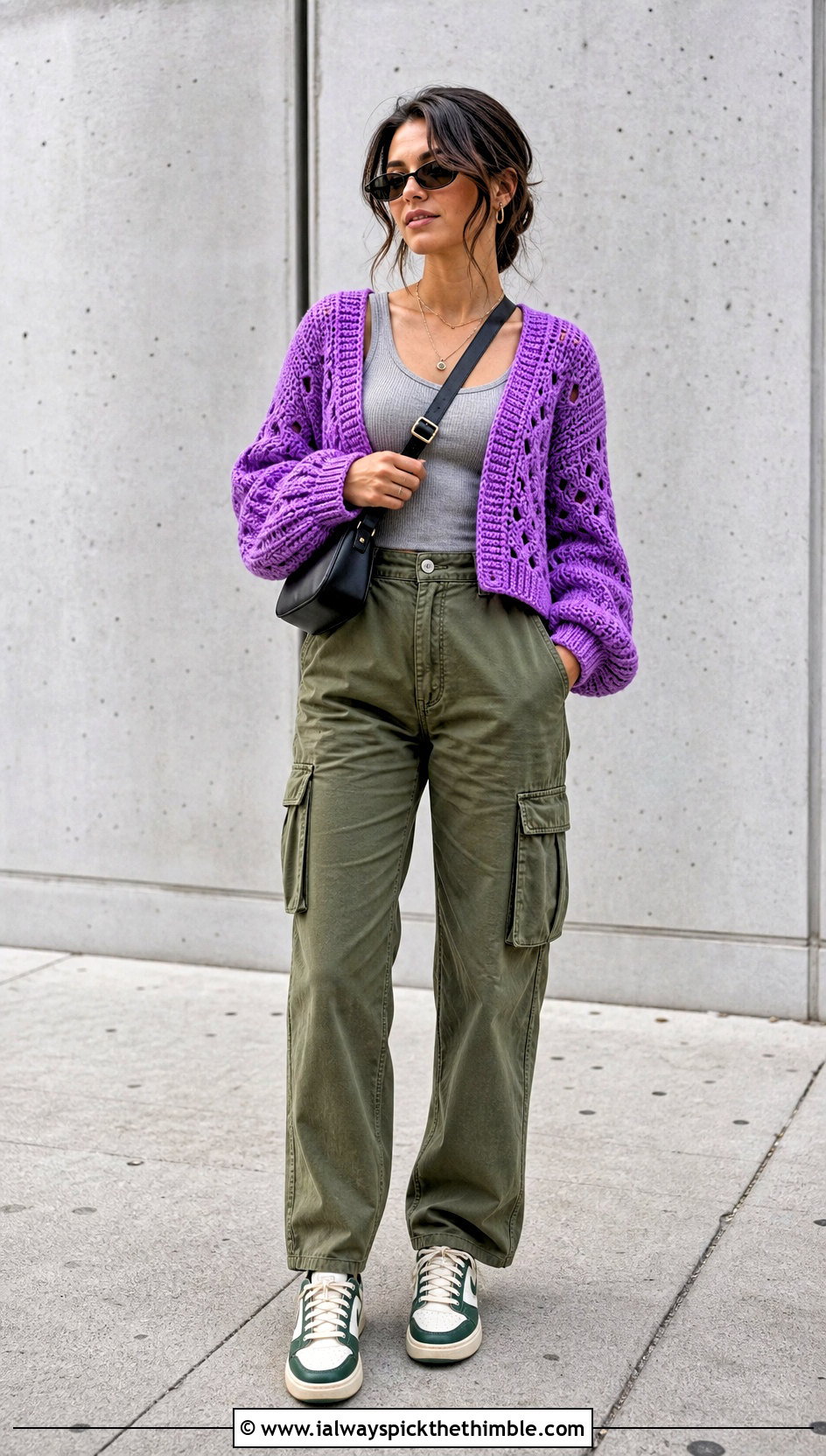 Balloon Sleeve Knit Look Crochet Cardigan With Cargo Pants - 20 Knit Look Crochet Cardigan outfit ideas